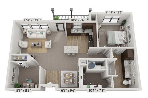 Floor plan for 1 bed, 1 bath, 977 sqft